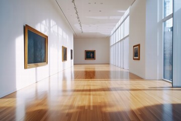Poster - Luxurious art gallery featuring natural light and elegant wooden flooring with classic paintings displayed on white walls. Generative AI