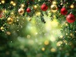 © Philipp - Festive Christmas ornaments in red, green, and gold hanging on an evergreen branch with sparkling lights and bokeh. Perfect for holiday celebrations.