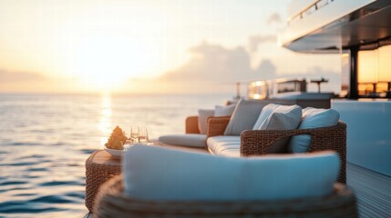 Poster - Luxury yacht deck features elegant furniture with sunset view over calm waters. Generative AI