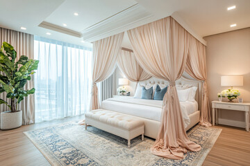 Wall Mural - Elegant bedroom with canopy bed and modern decor in bright natural light