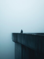 Poster - Lonely figure on a fog covered bridge reflecting solitude in a tranquil setting at dusk. Generative AI