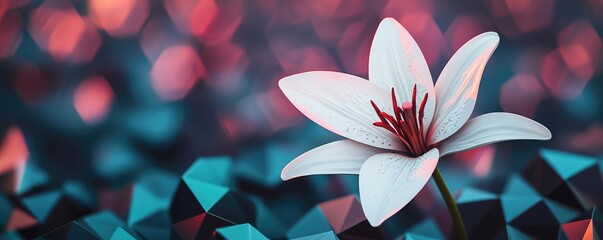 Wall Mural - Lily leaves abstract background concept. A serene white flower stands out against a vivid, colorful geometric background.