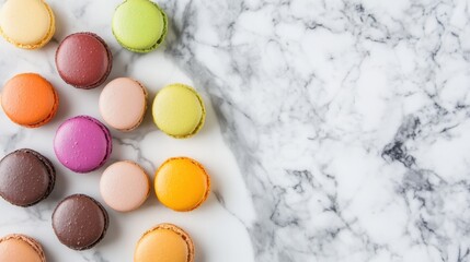 Aufkleber - An artistic arrangement of colorful macarons on a marble countertop, top-down shot, Contemporary style