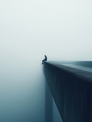 Aufkleber - Lone figure contemplates existence on the edge of a fog covered bridge in a moment of solitude. Generative AI