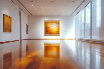 Poster - Luxurious art gallery showcasing modern and classic artworks in a serene environment with natural light. Generative AI
