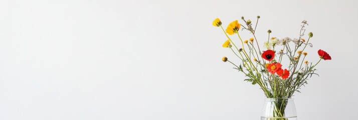 Poster - Minimalist still life featuring vibrant wildflowers in a clear glass vase with ample copy space for text. Generative AI