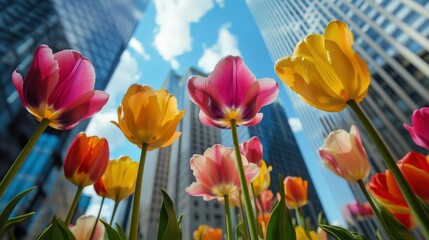 Poster - An artistic arrangement of vibrant tulips in various colors against a blurred floral garden backdrop, close-up shot, Contemporary style