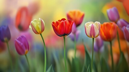 Poster - An artistic arrangement of vibrant tulips in various colors against a blurred urban background of skyscrapers, close-up shot, Contemporary style
