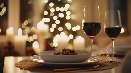 Aufkleber - Luxurious dining table with gourmet dish and festive ambiance during holiday gathering. Generative AI