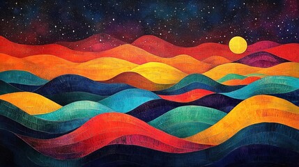 Wall Mural - A vibrant and colorful wave pattern against a starry night sky