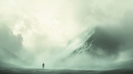Poster - Lonely figure facing the towering mountain shrouded in mist and mystery amidst a quiet landscape at dawn. Generative AI