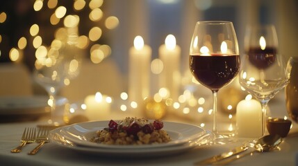 Aufkleber - Luxurious dining experience with gourmet dish and fine wine illuminated by soft candlelight during evening gathering. Generative AI