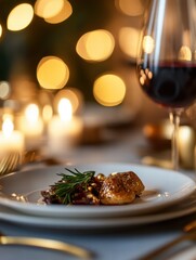 Poster - Luxurious dining table featuring gourmet dish with wine in intimate setting at evening with soft candlelight. Generative AI