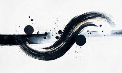 Poster - Abstract Black Brush Stroke with Circular Elements and Paint Splashes on White Background