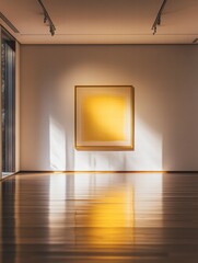 Poster - Luxurious art gallery showcasing a modern yellow artwork in a minimalist space during golden hour lighting. Generative AI