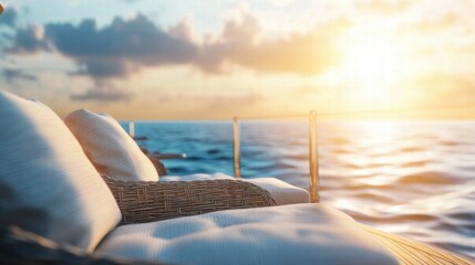 Poster - Luxurious yacht deck with elegant furniture offering sunset views over serene ocean waters. Generative AI