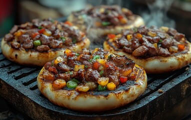 Wall Mural - Four sizzling flatbreads topped with savory meat and colorful vegetables, grilling on a hotplate.