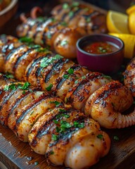 Wall Mural - Grilled squid skewers with spicy sauce and lemon.