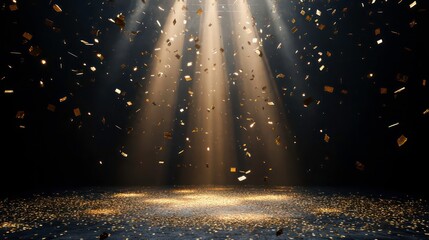 golden confetti falling through spotlight beams on dark background.