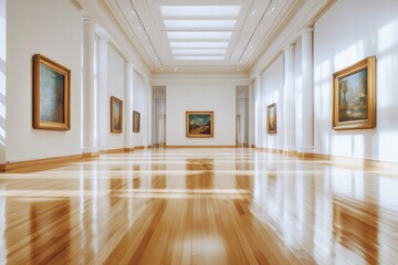 Poster - Luxurious art gallery showcasing elegant paintings with natural light illuminating polished wooden floors. Generative AI