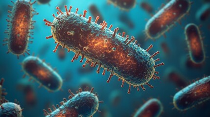 Poster - A close-up view of colorful, digitally-rendered bacteria, showcasing their intricate structures and vibrant colors against a blurred blue background.