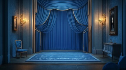 Poster - A serene blue room with elegant drapes, chandeliers, and a patterned rug, conveying a sense of luxury and sophistication.