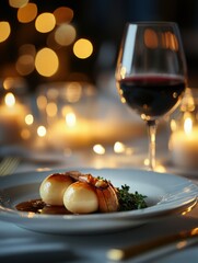 Poster - Luxurious dining experience featuring gourmet dish and fine wine at an elegant table with soft candlelight ambiance. Generative AI