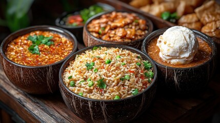 Wall Mural - Four coconut bowls of Asian cuisine fried rice, curry, chicken, and ice cream.