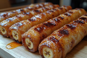 Wall Mural - Grilled banana rolls with honey drizzle on wooden board.