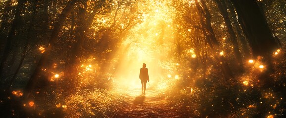 Wall Mural - a figure walks through a sunlit forest path, surrounded by warm, glowing light.