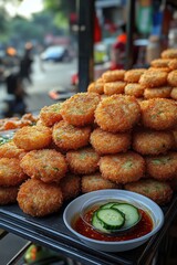 Wall Mural - Crispy fried food snacks neatly stacked with a dipping sauce and cucumber slices.