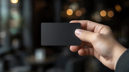 Poster - Hand holding a sleek black gift card in a modern setting with copy space for custom text or design elements. Generative AI