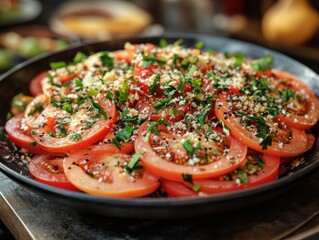 Wall Mural - Fresh tomato salad with herbs and spices on a dark plate.