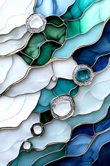 Sticker - Abstract stained glass design with flowing waves of blue, green, and white, accented by circular glass shapes, creating an artistic and vibrant composition.