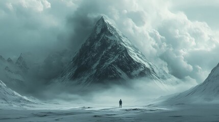 Aufkleber - Lone traveler stands before a massive mountain, feeling the weight of solitude in a dramatic landscape. Generative AI