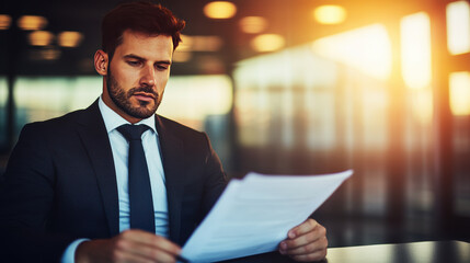 Poster - Businessman reading document in modern office with sunset light