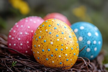 Aufkleber - Three colorful eggs resting in a cozy nest, great for spring or Easter-themed designs