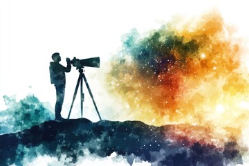 Aufkleber - A person stands near a telescope on the summit of a mountain, offering a scenic view