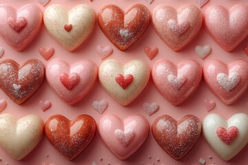 Poster - A collection of heart-shaped cakes on a pink surface, ideal for Valentine's Day or romantic celebrations
