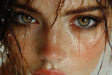 Aufkleber - A close-up shot of a woman's face with wet hair, looking relaxed and calm