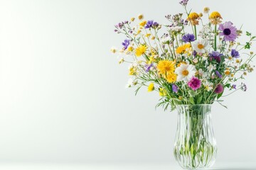 Poster - Wildflowers arranged in a clear glass vase on a minimalistic surface with ample copy space. Generative AI
