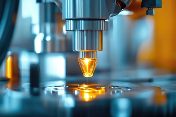 Poster - A close-up view of a microscope with a bright yellow light, ideal for science and technology illustrations