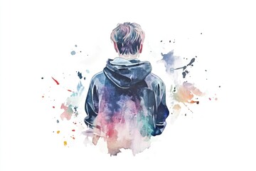 Aufkleber - A person wearing a hooded sweatshirt stands against a plain white backdrop