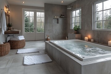 Poster - A bathroom scene with a tub and candles on the floor, perfect for spa or relaxation concepts