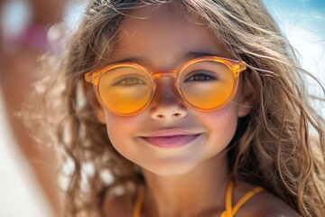 Wall Mural - A young girl enjoying the sun and sea on a beautiful beach, perfect for a summer vacation or family photo