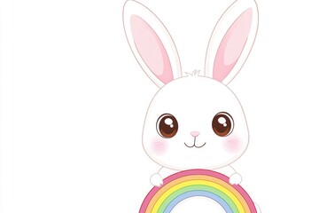 Aufkleber - A cute cartoon bunny holds a colorful rainbow against a clean white background