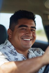 Aufkleber - A person smiling while driving a car, suitable for use in advertisements or editorial content