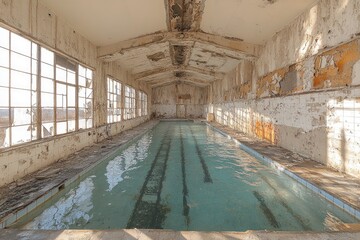 Poster - Old and neglected swimming pool in a rundown building, with overgrown vegetation and broken fences