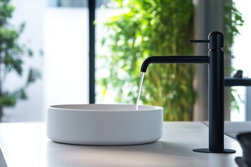 Poster - A close-up shot of a white sink with a black faucet, suitable for interior design and kitchen-themed images