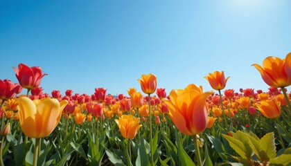 Wall Mural - a vast field of vibrant tulips in full bloom under a clear blue sky, captured in high detail.